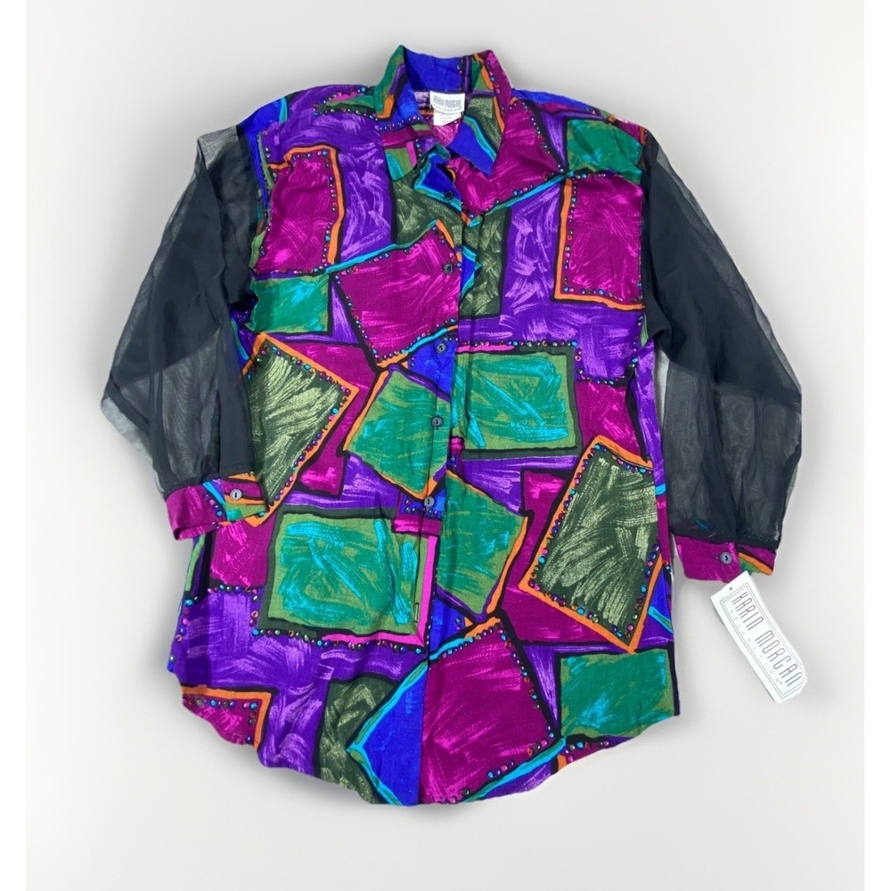 Vintage Karin Morgan Collection Button-Up Blouse Top Womens L Multicolor Sheer‎